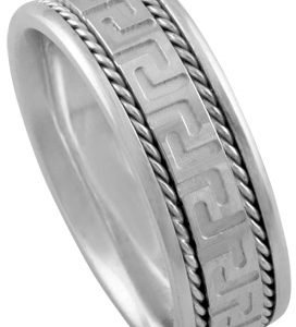 14KT White Gold Greek Key Wedding Band 8mm