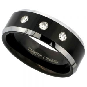 Tungsten Band Black IP Plated with 3 White Diamond 8mm