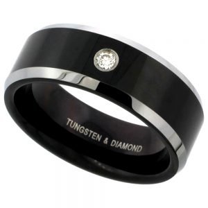 Tungsten Band Black IP Plated White Diamond 8mm