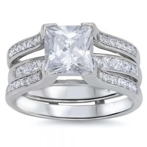 4.50ct Princess & Round CZ 3 Rings Bridal Set .925 Sterling Silver Ring