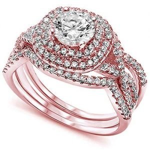 Rose Gold Plated Wedding Set Round CZ .925 Sterling Silver Ring