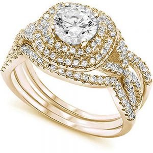 Yellow Gold Plated Wedding Set Round CZ .925 Sterling Silver Ring