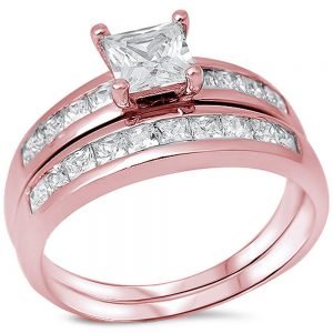 2 Piece Rose Gold Princess Cut Cubic Zirconia .925 Sterling Silver Ring Set