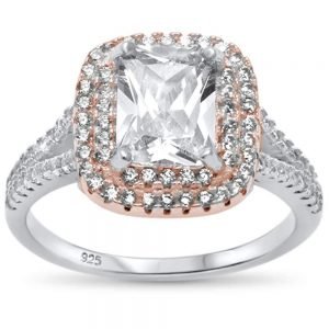 Two Tone Radiant Cut Cubic Zirconia .925 Sterling Silver Ring