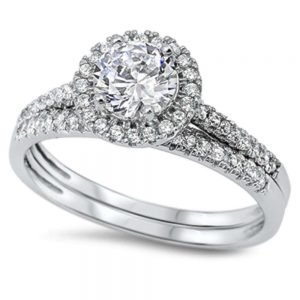 Sterling Silver Round Halo Cz Wedding Set .925 Ring