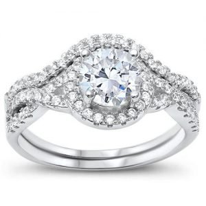 Prong Wedding Set Round CZ .925 Sterling Silver Ring